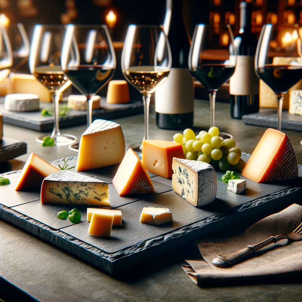 Hostelería DALL·E 2024 01 15 11.06.28 An inviting cheese and wine tasting scene with flat dark grey rectangular ceramic tiles that have a more pronounced slate like texture used for pr