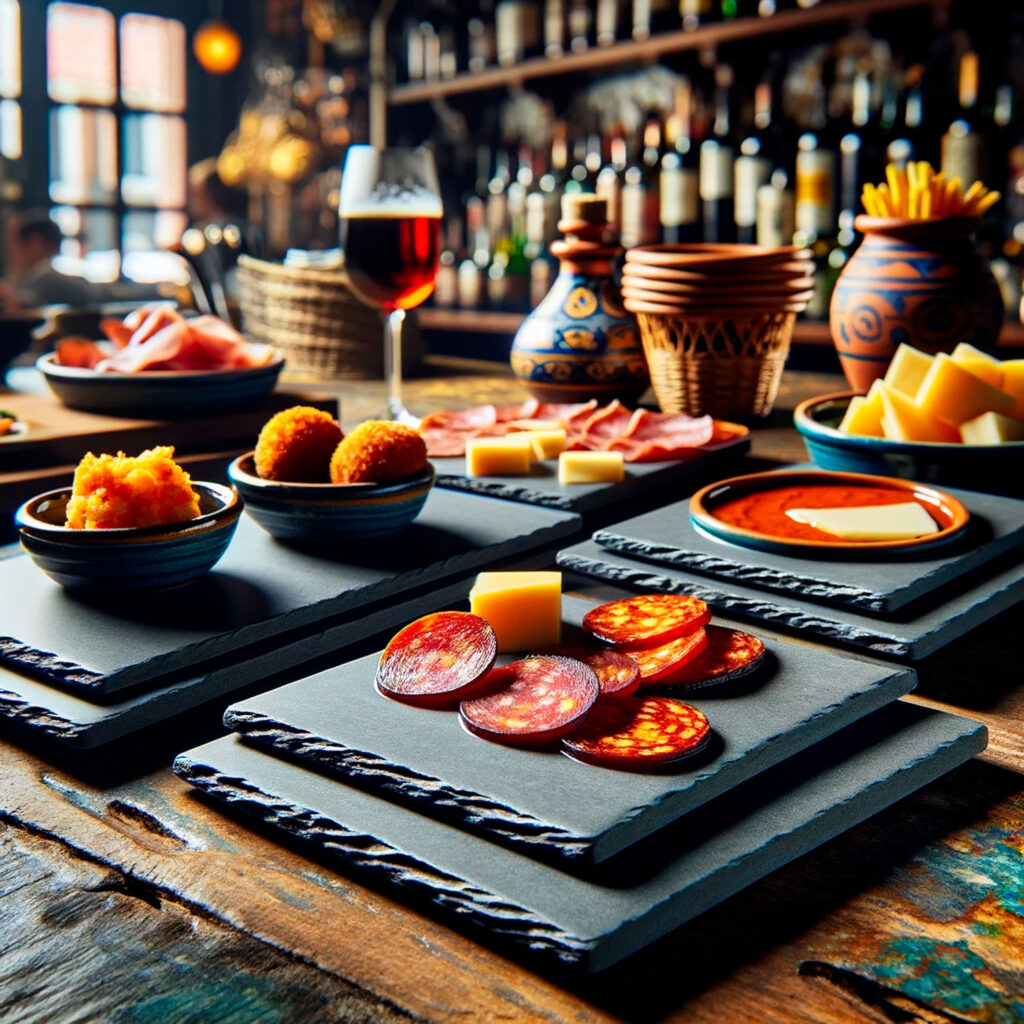 Bandejas DALL·E 2024 01 15 11.07.05 A vibrant Spanish tapas bar scene with flat dark grey rectangular ceramic tiles each featuring a pronounced slate like texture used to showcase tr