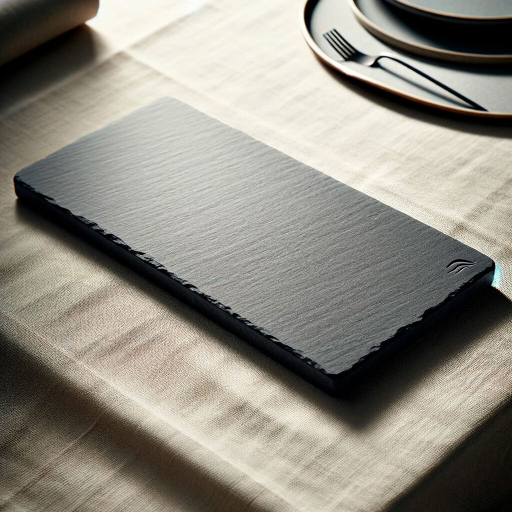 Material DALL·E 2024 01 15 11.09.08 An elongated dark grey rectangular ceramic tile with a smooth texture and completely flat surface resembling a slate serving plate but without any