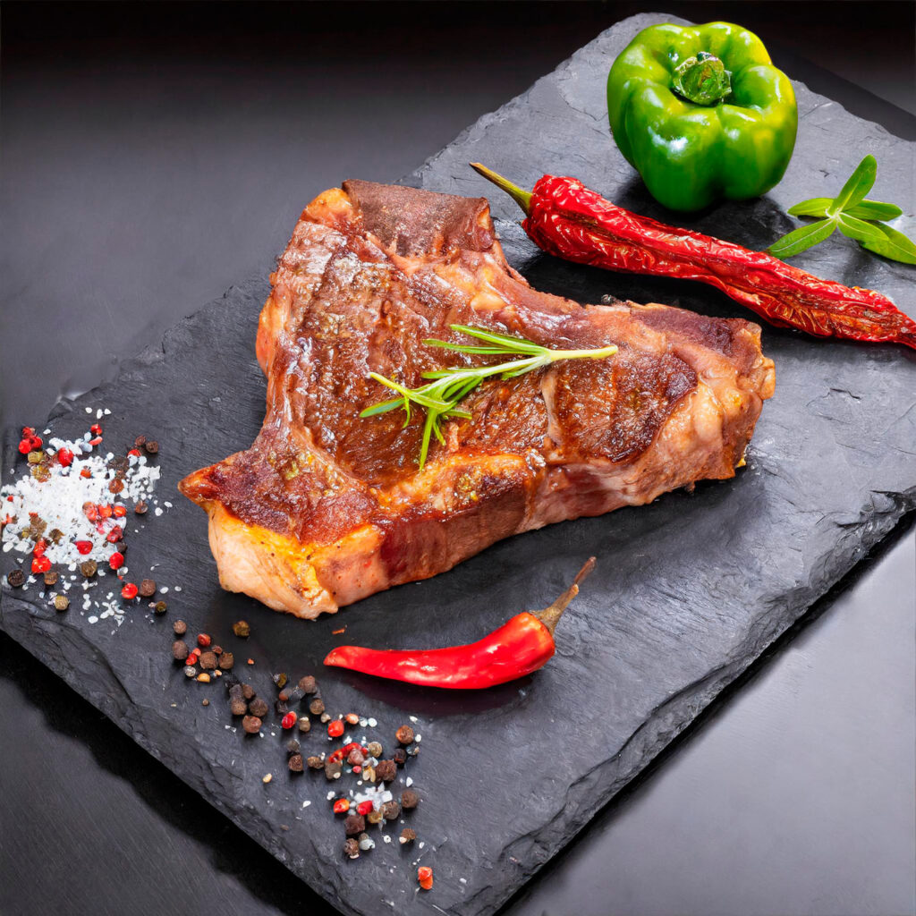 Platos Firefly chuleton y pimientos de padron presentacion en plato de pizarra negra de formato rectangula 1