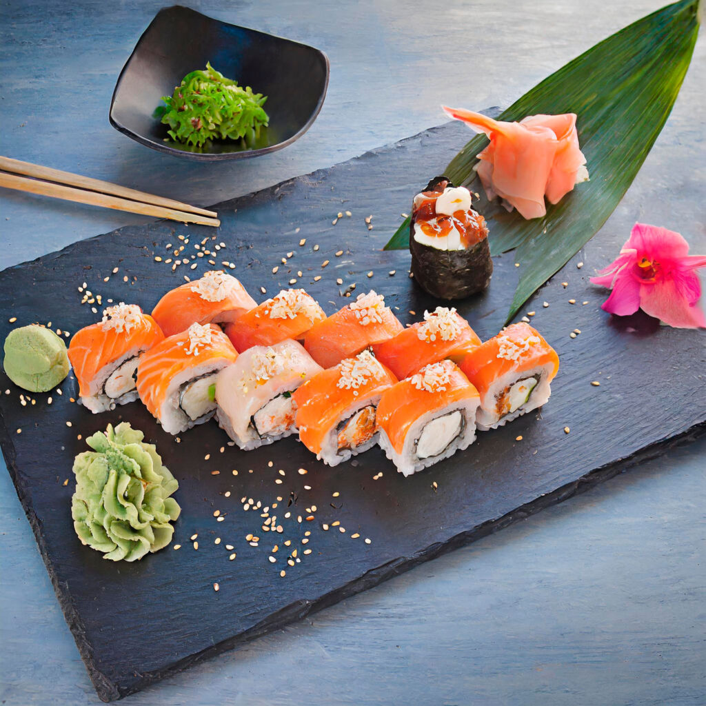Firefly foto gastronomica escenario restaurante japones sushi presentacion en plato de pizarra ne