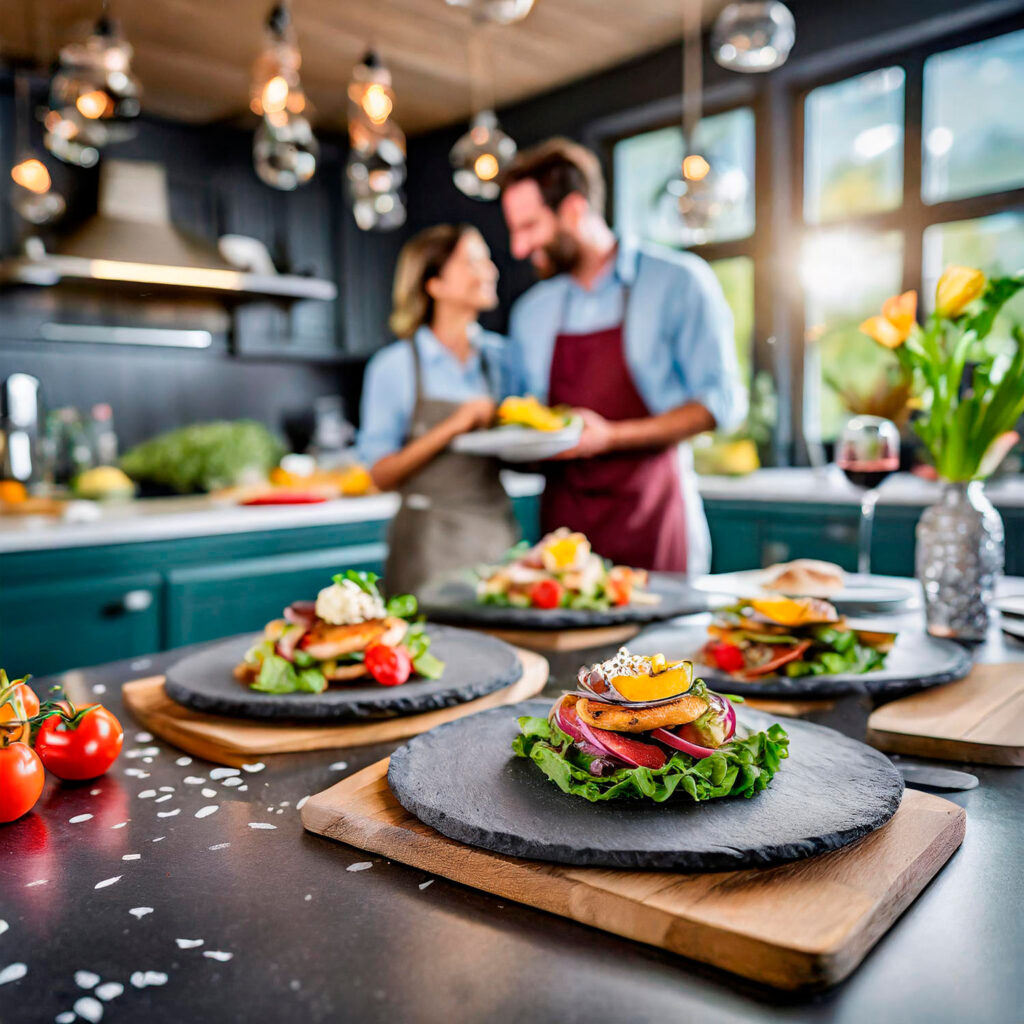 Firefly fotografia de producto cocina amplia con isla a la hora de comer pareja hombre y mujer cau