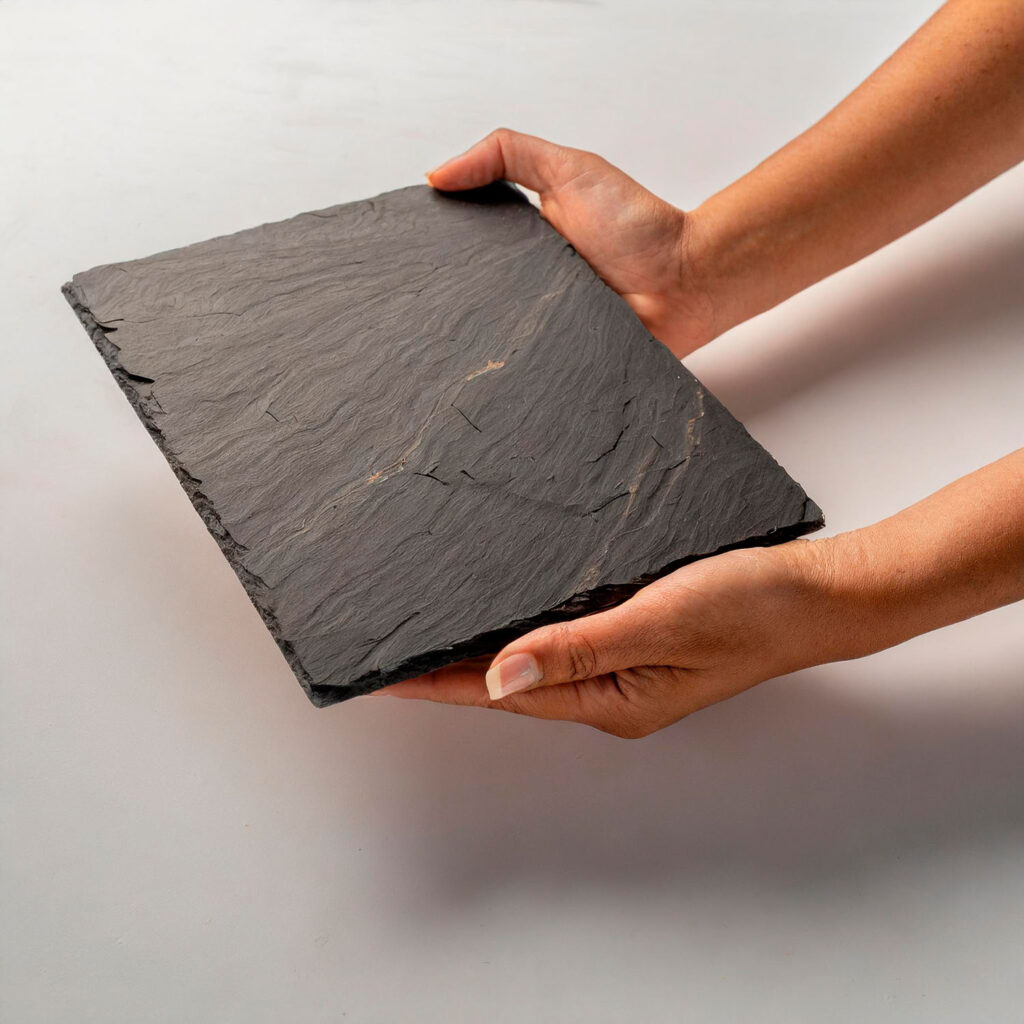 Material Firefly fotografia de producto sobre fondo blanco manos femeninas sostienen una baldosa fina de piz